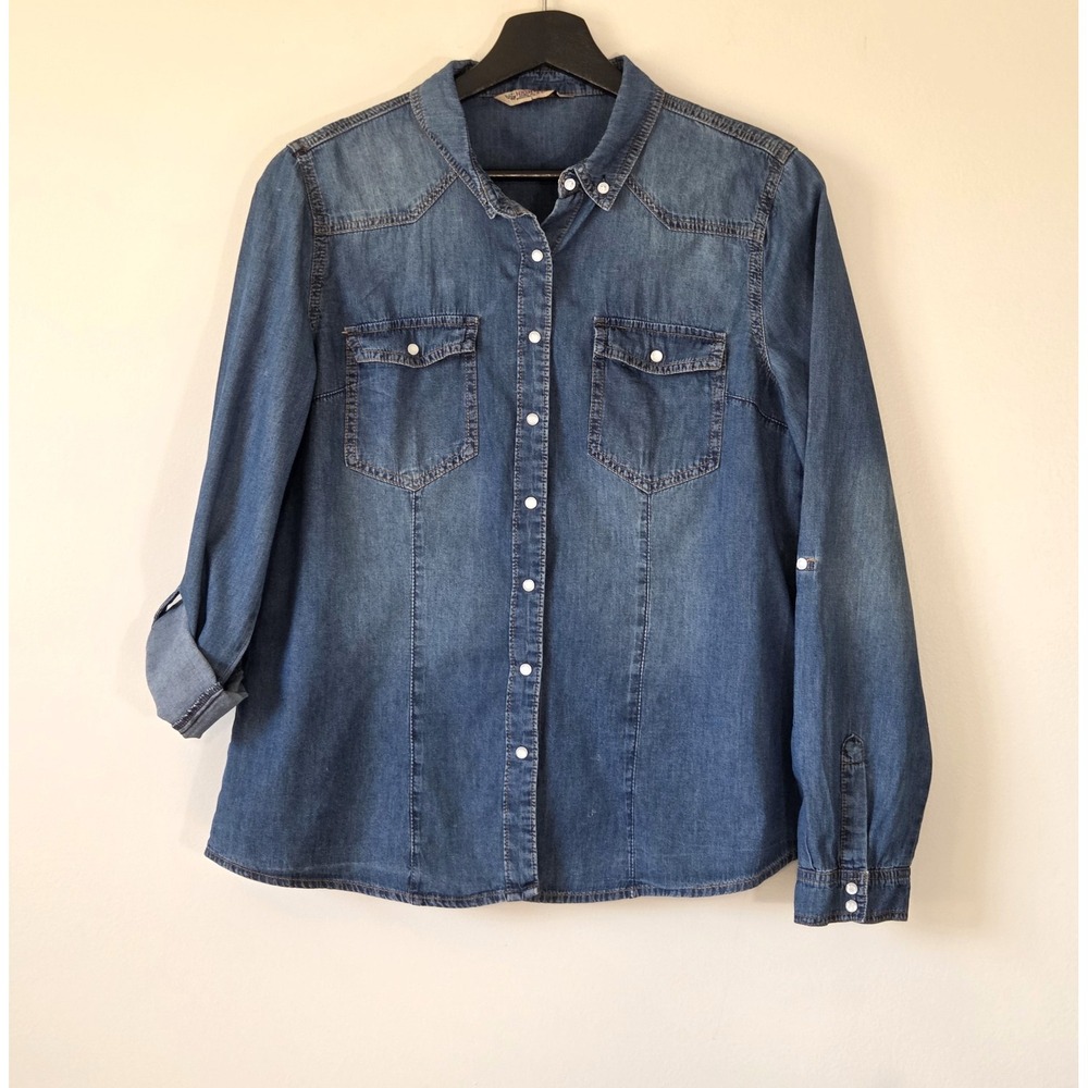 Highway Jeans Women Denim Shirt Roll Tab Pearl Snaps Size L Western